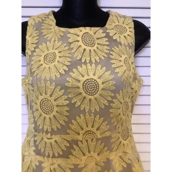 Moon Collection Yellow Sunflower Embroidered Sheer Sleeveless Mini Dress S - Picture 3 of 6